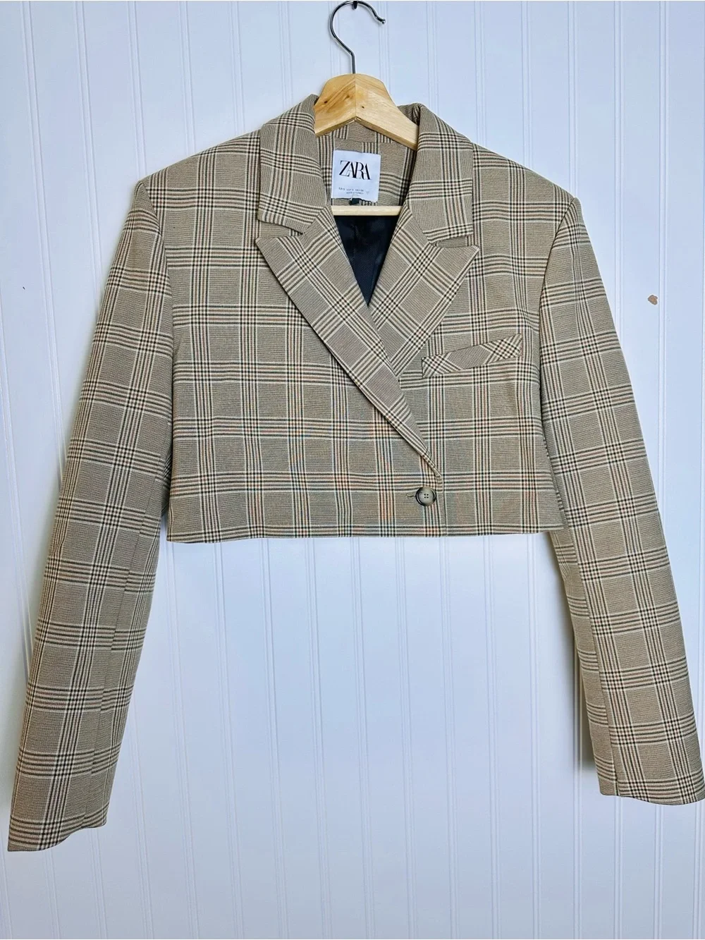 Zara Crop Blazer Jacket Plaid Tan Brown Boxy Blogger Preppy Business Casual S - Picture 5 of 16